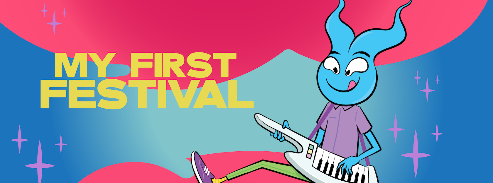 vrolijke kinderen met het logo van My First Festival en een getekend karakter met een masker gemaakt van een doos